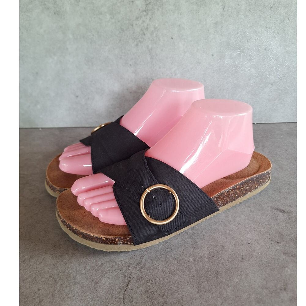 Aerie Single Buckle slides canvas cork casual beachy minimalist black size 8